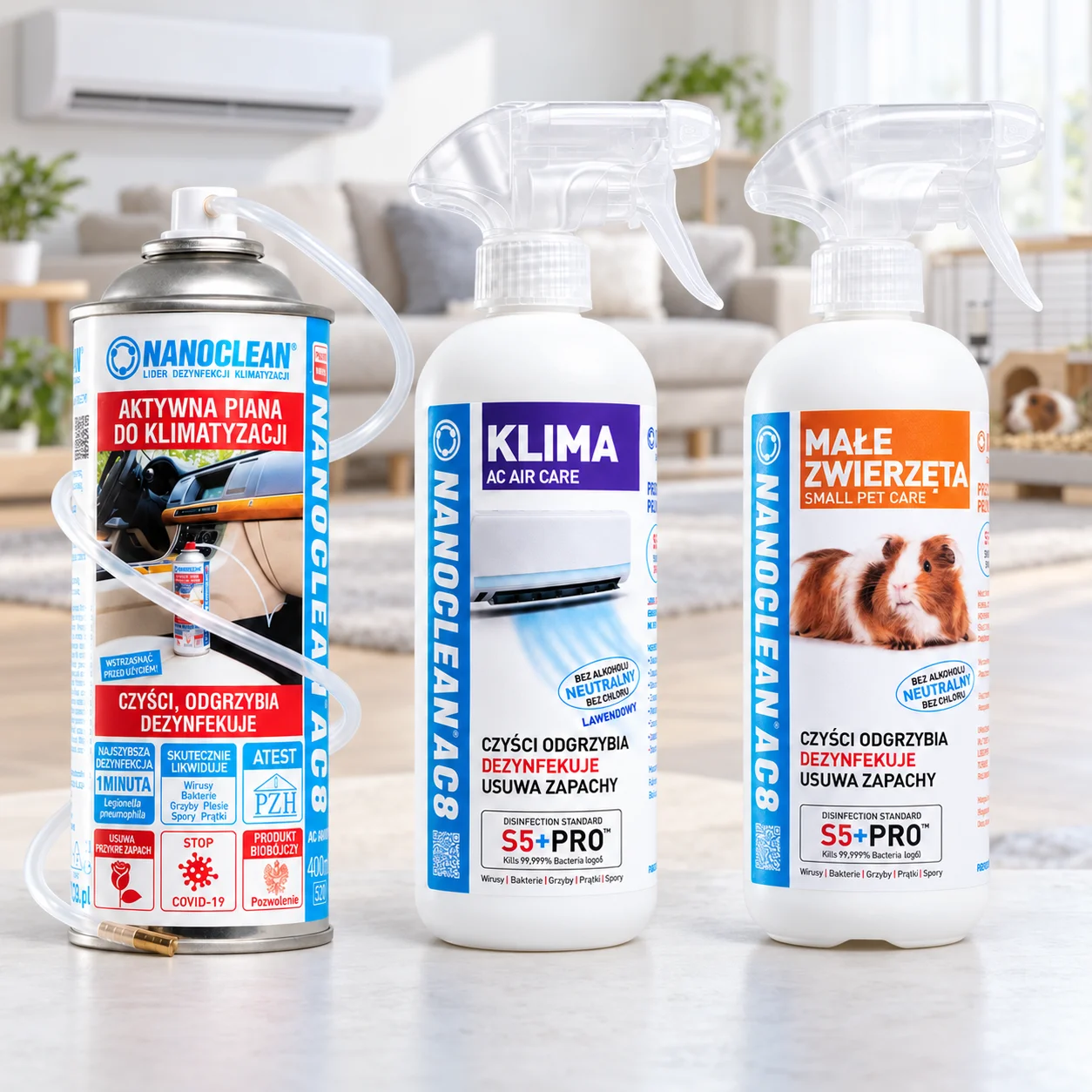 Nanoclean AC8 Set zur Reinigung von Haushaltsklimaanlagen + Autoklimaanlagen + für Kleintiere